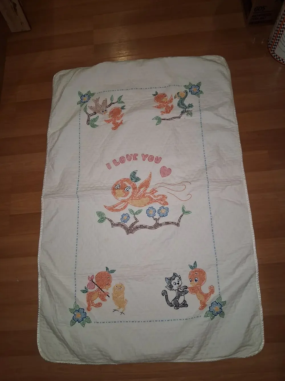 Vintage Disney Quilt Hand Embroidered Orange Bird Nursey Baby Quilt